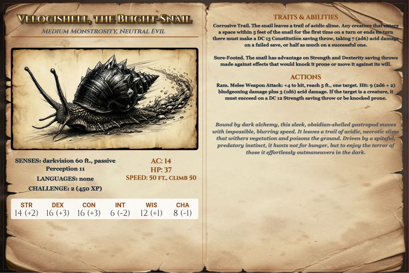 Velocishell, the Blight-Snail (Stat Block) front