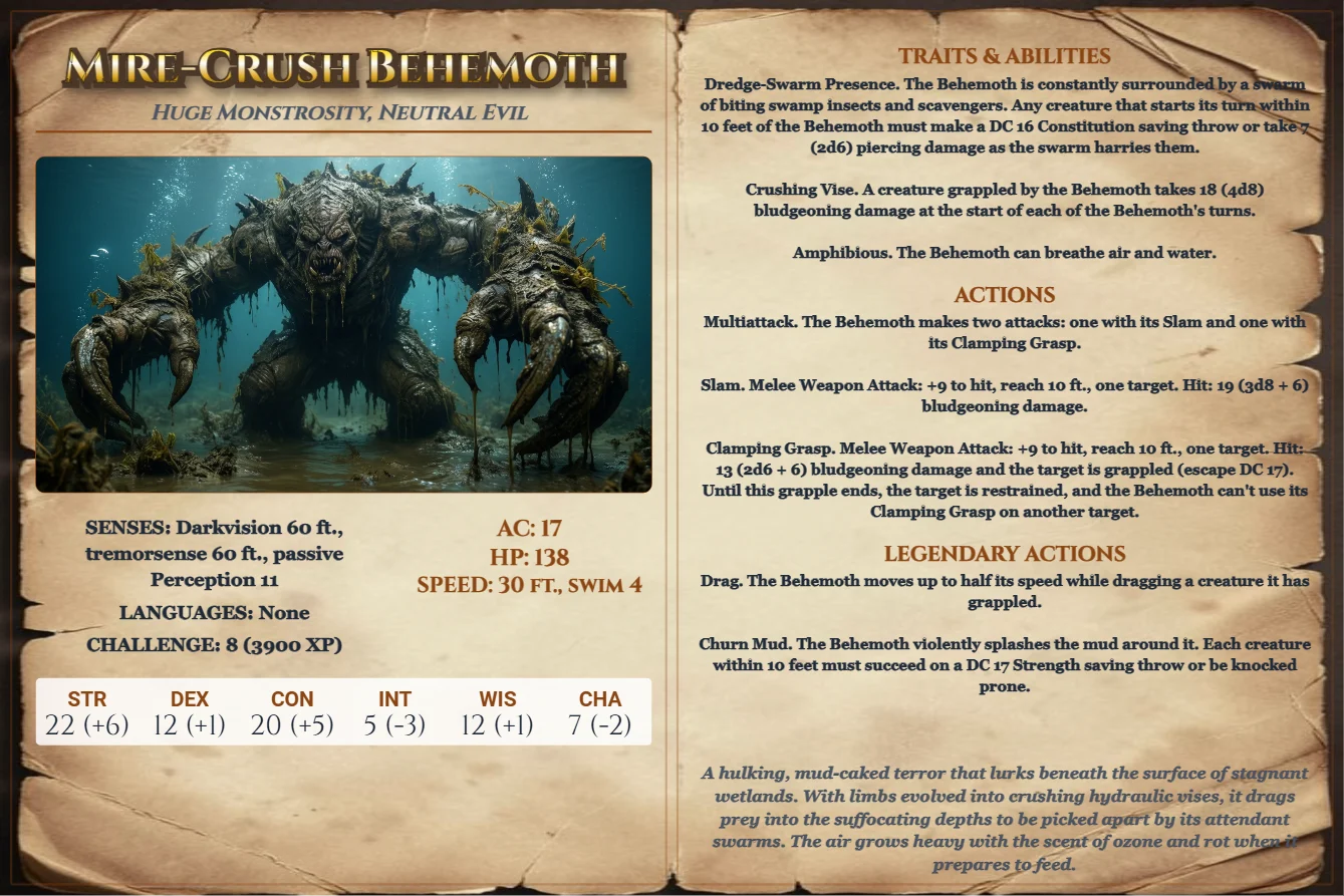 Mire-Crush Behemoth (Stat Block) front