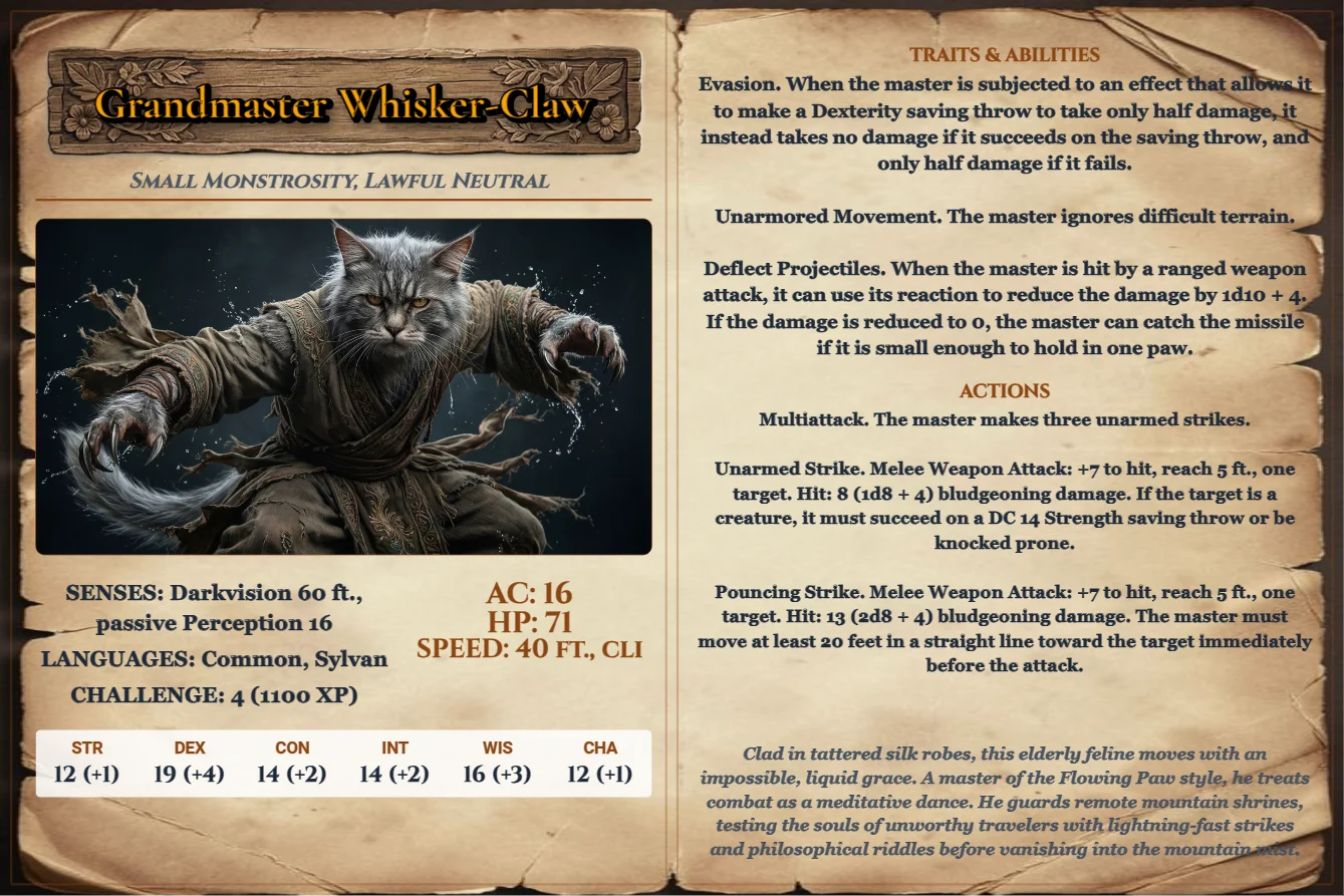 Grandmaster Whisker-Claw (Stat Block) front